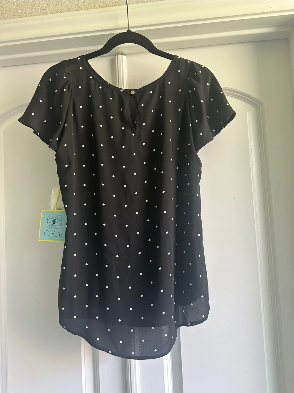 CeCe Black Polka Dot Short Sleeve Blouse